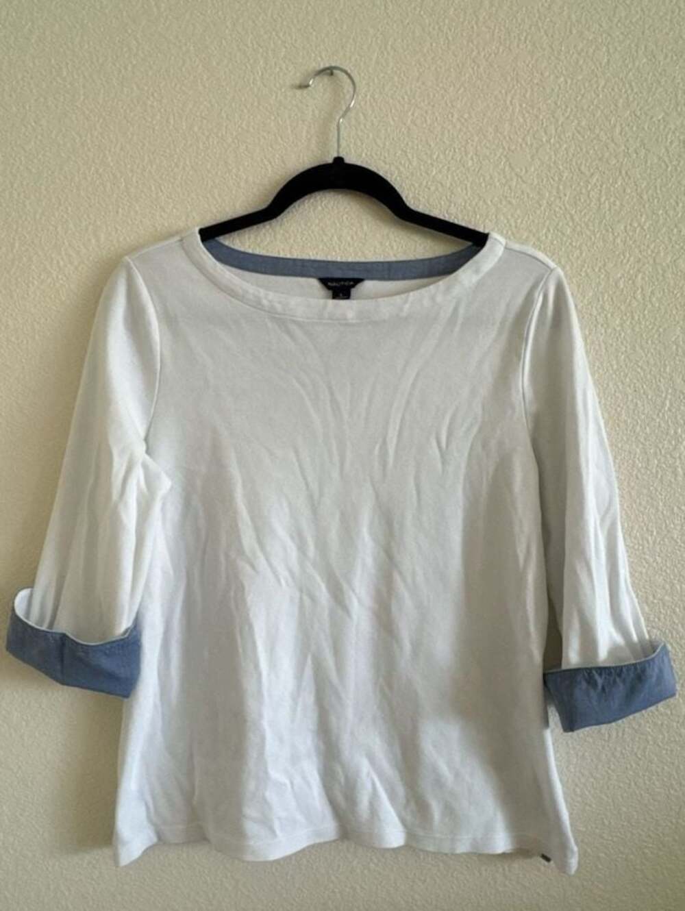 Nautica Women's White 3/4 Cuffed Sleeve Chambray Trim Casual Top Size L